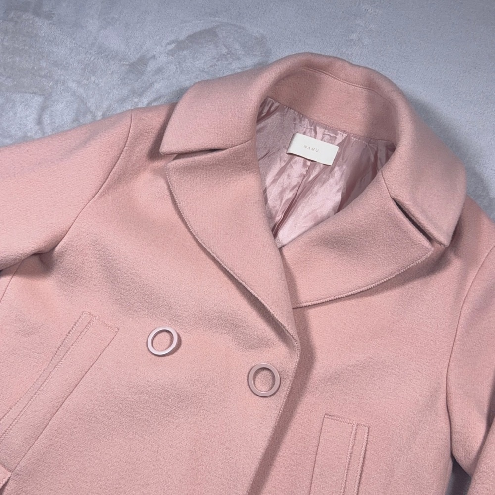 NAMU Womens 90% Wool Peacoat Pink Double Breasted Oversized Cocoon Korean S/M